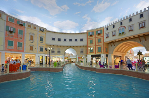 Interior of the canal in Villaggio Mall shopping mall located in Aspire Zone. Based on an Italian hill town it has a 150 meter indoor canal with gondolas